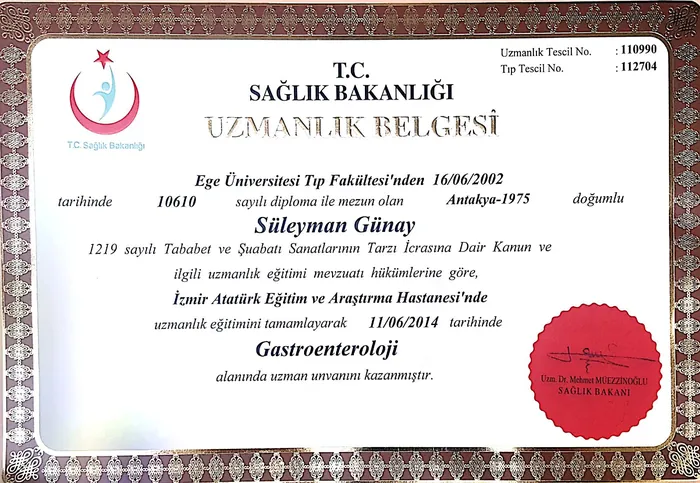 Gastroenterology specialist certificate